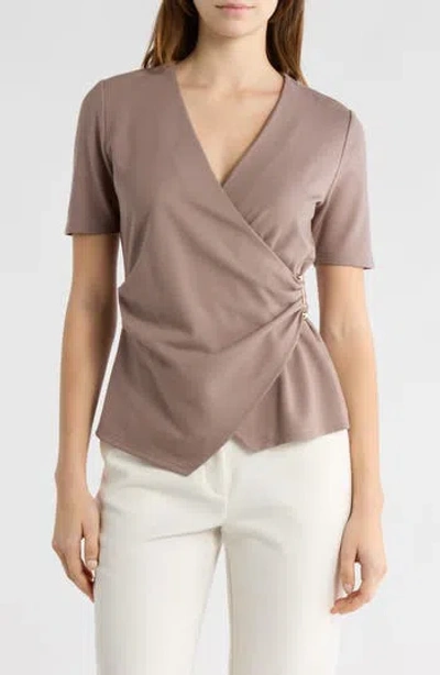 By Design Cappuccino Short Sleeve Faux Wrap Top In Brown