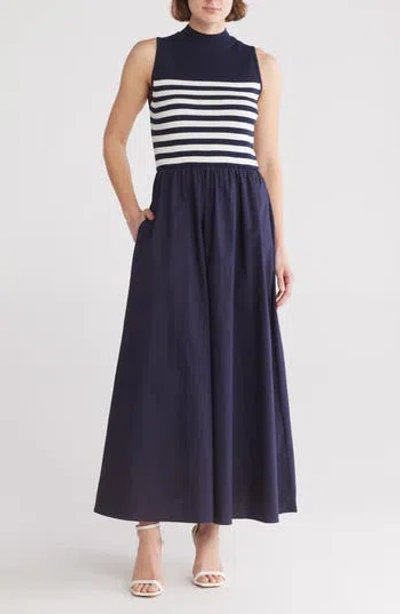 By Design Country Club Sleeveless Mixed Media Maxi Dress In Pitch Navy/white Stripe