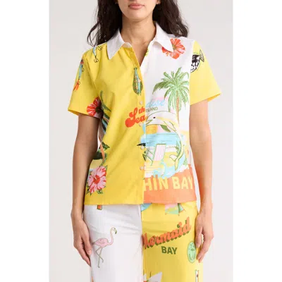 By Design Delano Colorblock Print Short Sleeve Button-up Shirt In Yellow