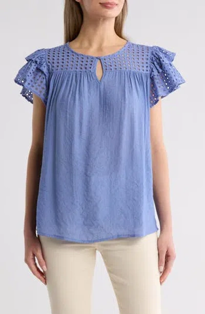 By Design Demi Eyelet Sleeve Top In Colony Blue