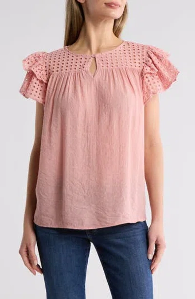 By Design Demi Eyelet Sleeve Top In Rose Tan