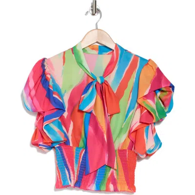 By Design Dorothy Tie Neck Flutter Sleeve Crop Top In Color My World