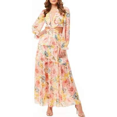 By Design France Long Sleeve Chiffon Maxi Dress In Multi