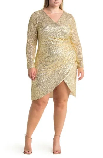 By Design Frances Sequin Side Ruched Wrap Mini Dress In Gold/ivory