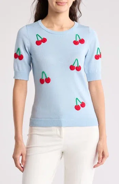 By Design Freida Crochet Fruit Short Sleeve Sweater In Blue