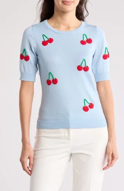 By Design Freida Crochet Fruit Short Sleeve Sweater In Omphalodes/cherry Crochet