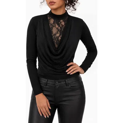 By Design Garnet Lace Inset Cowl Neck Top In Black