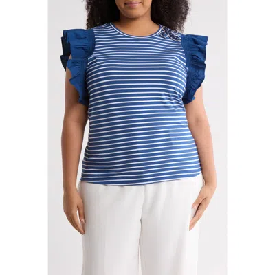 By Design Geneva Stripe Poplin Ruffle Sleeve T-shirt In Blue