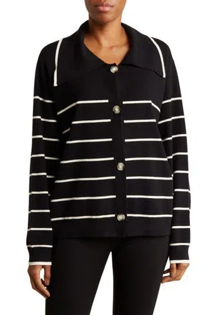 By Design Hadley Stripe Button Front Cardigan In Black/gardenia