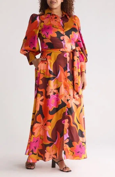 By Design Haiti Long Sleeve Maxi Shirtdress In Retro Floral Multi