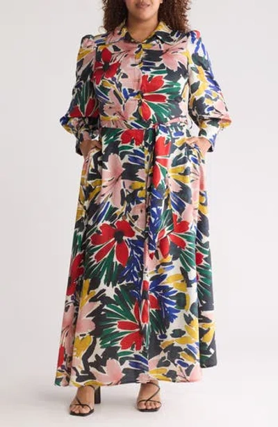 By Design Haiti Long Sleeve Maxi Shirtdress In Tropic Punch
