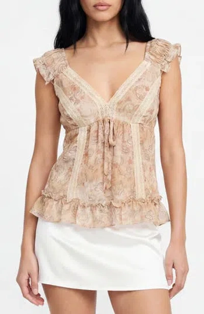 By Design Honey Paisley Lace Trim Peplum Top In Nude