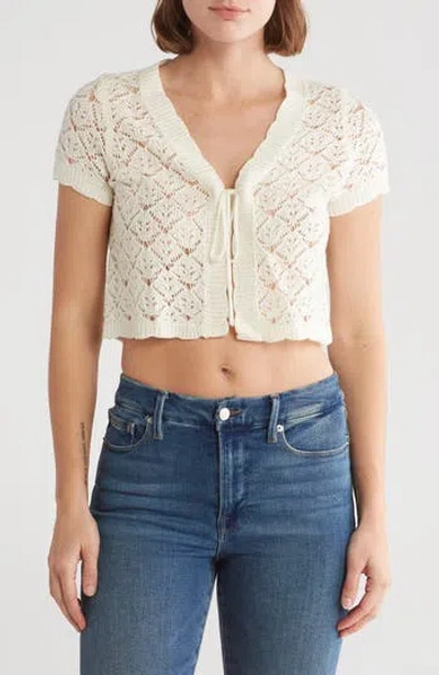 By Design Ina Open Stitch Short Sleeve Tie Front Crop Sweater In White