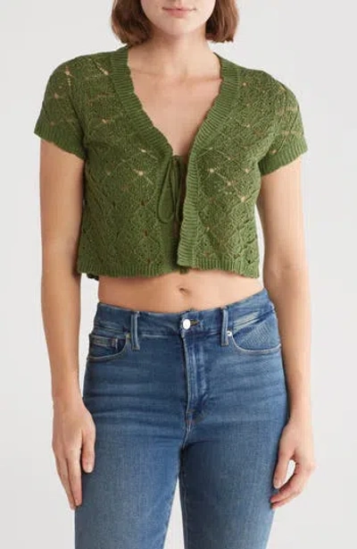 By Design Ina Open Stitch Short Sleeve Tie Front Crop Sweater In Dill