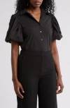 By Design Jayla Embroidered Puff Sleeve Button-up Shirt In Black