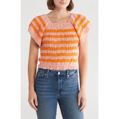 By Design Lala Stripe Open Stitch Off The Shoulder Sweater In Coral Cloud