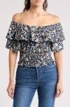 By Design Laura Floral Ruffle Short Sleeve Top In Ditsy Blue