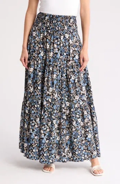 By Design Laura Floral Smocked Waist Tiered Maxi Skirt In Ditsy Blue