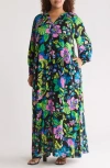 By Design Lauren Printed Long Sleeve Maxi Dress In Neon Flowers