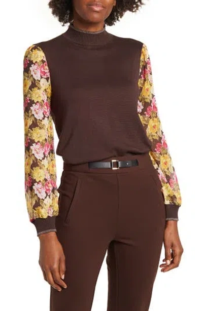 By Design Leila Mock Neck Chiffon Sleeve Sweater In Black Coffee W/brocade Floral