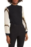 By Design Leila Mock Neck Chiffon Sleeve Sweater In Black W/coral Flow