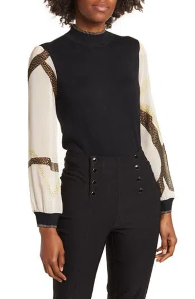 By Design Leila Mock Neck Chiffon Sleeve Sweater In Black W/coral Flow