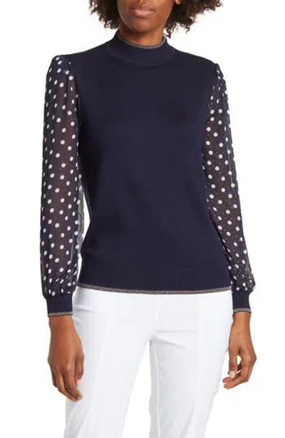 By Design Leila Mock Neck Chiffon Sleeve Sweater In Navy Blazer W/polka Dot