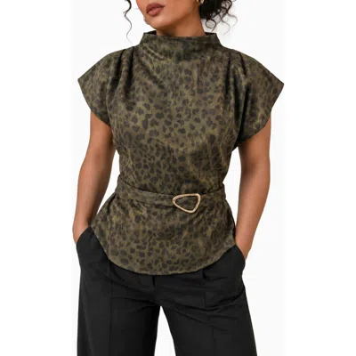 By Design Leopard Print Funnel Neck Belted Top In Green Cheetah