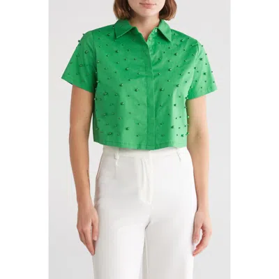 By Design Lily Imitation Pearl Accent Short Sleeve Cotton Button-up Crop Shirt In Fern Green