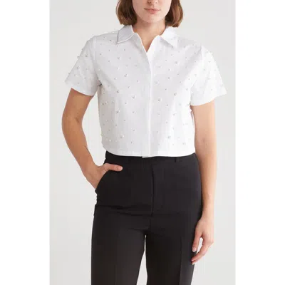 By Design Lily Imitation Pearl Accent Short Sleeve Cotton Button-up Crop Shirt In White