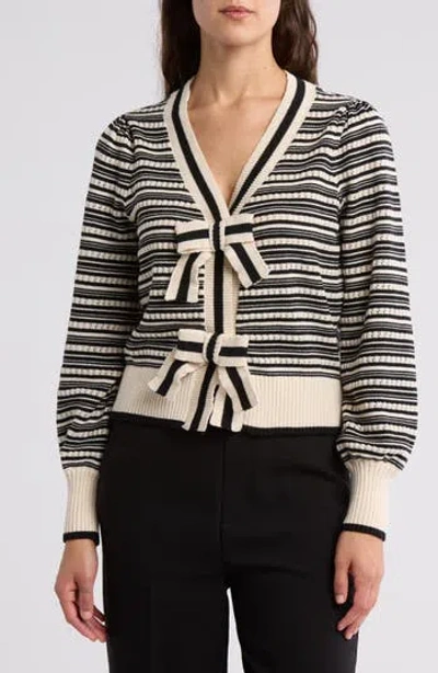 By Design Lollipop Bow Cardigan Sweater In Stripe Antique White/black