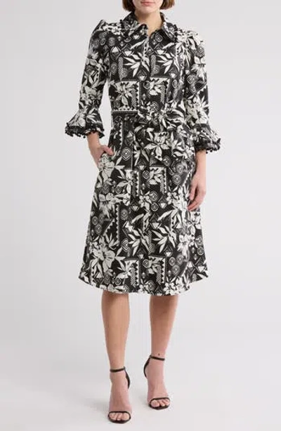 By Design Lucia Stretch Cotton Poplin Shirtdress In Black/gardenia Lucia Flower