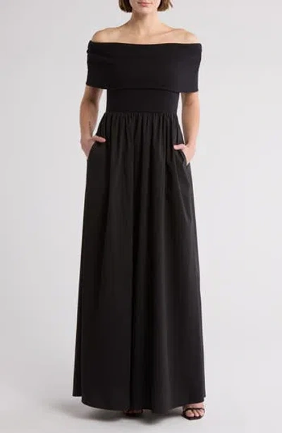 By Design Monet Off-the-shoulder Mixed Media Maxi Dress In Black