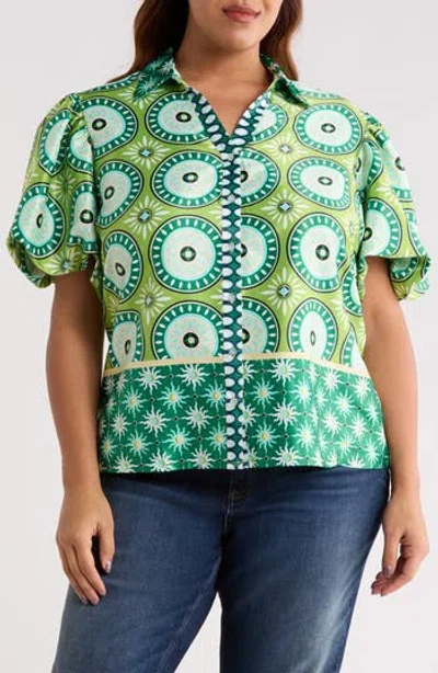 By Design Morocco Bubble Sleeve Top In Green
