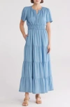 By Design Rio Lyocell Short Sleeve Tiered Maxi Dress In Med Chambray