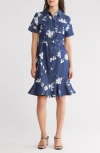 By Design Romina Floral Embroidered Short Sleeve Shirtdress In Dark Chambray/gardenia