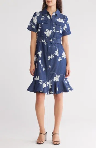 By Design Romina Floral Embroidered Short Sleeve Shirtdress In Dark Chambray/gardenia