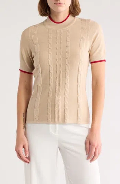 By Design Romy Mock Neck Short Sleeve Cable Knit Sweater In Oatmeal Heather/tango Red