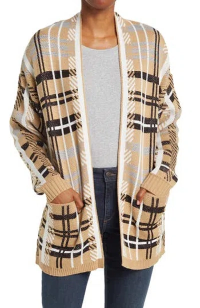 By Design Willow Plaid Open Sweater In Taupe/white/black