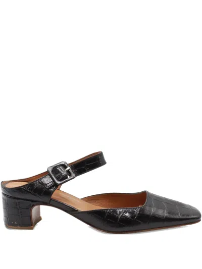 Pre-owned By Far Crocodile-embossed Buckled Mules In Black
