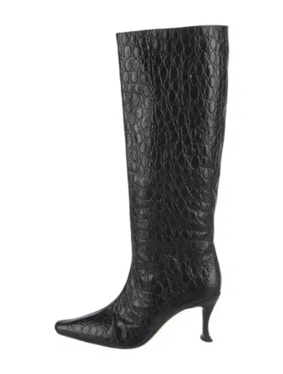 Pre-owned By Far Embossed Leather Animal Print Boots In Black