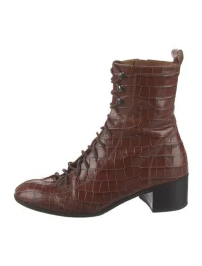 Pre-owned By Far Embossed Leather Animal Print Combat Boots In Brown