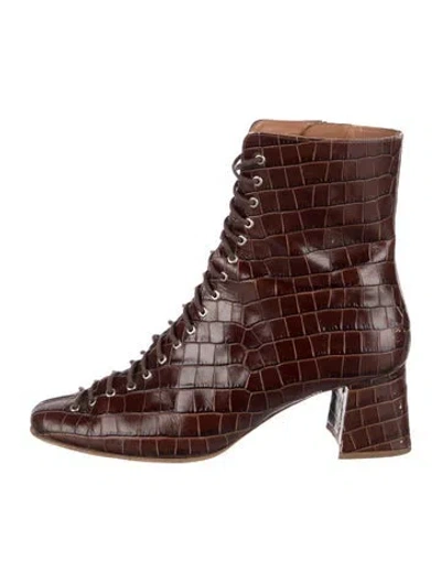 Pre-owned By Far Embossed Leather Animal Print Lace-up Boots In Brown