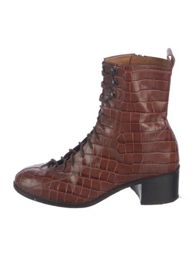 Pre-owned By Far Embossed Leather Animal Print Lace-up Boots In Brown
