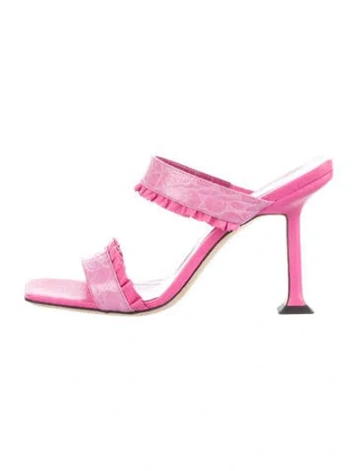 Pre-owned By Far Embossed Leather Animal Print Slides In Pink