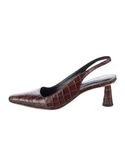 Pre-owned By Far Embossed Leather Animal Print Slingback Pumps In Brown