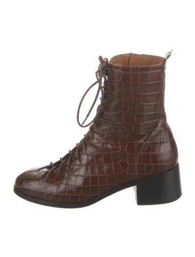 Pre-owned By Far Embossed Leather Combat Boots In Brown