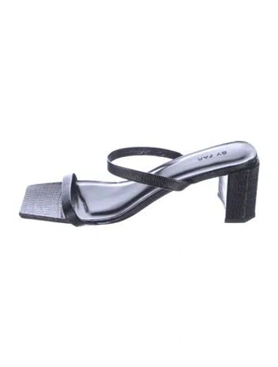 Pre-owned By Far Embossed Leather Crystal Embellishments Slides In Black