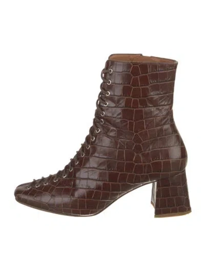 Pre-owned By Far Embossed Leather Lace-up Boots In Brown