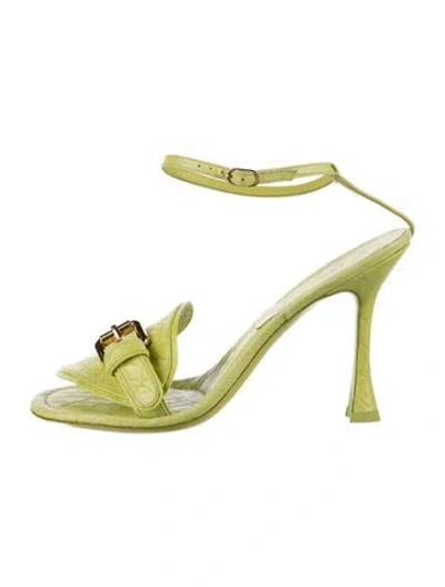 Pre-owned By Far Embossed Leather Mules In Green
